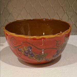 Handcrafted Red and Brown Ceramic Bowl with Grape Motif